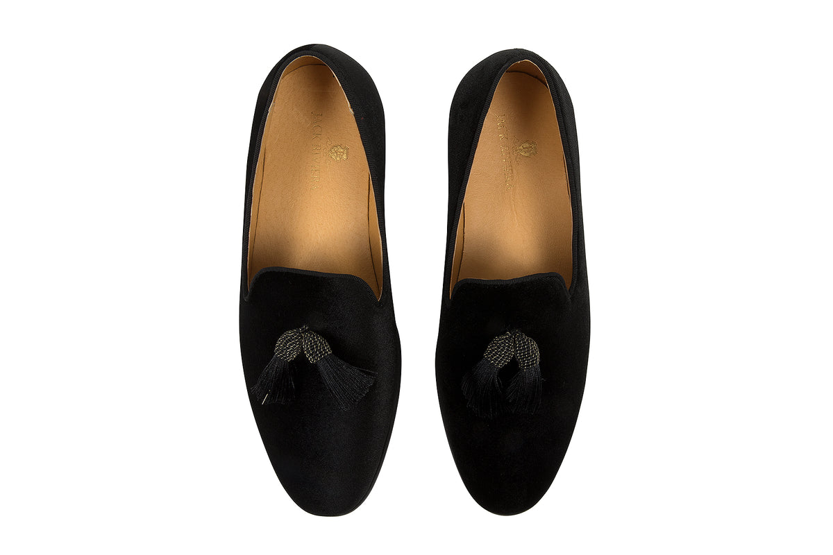 Black Tassel Loafers Mens - Handmade Smoking Slipper Velvet 