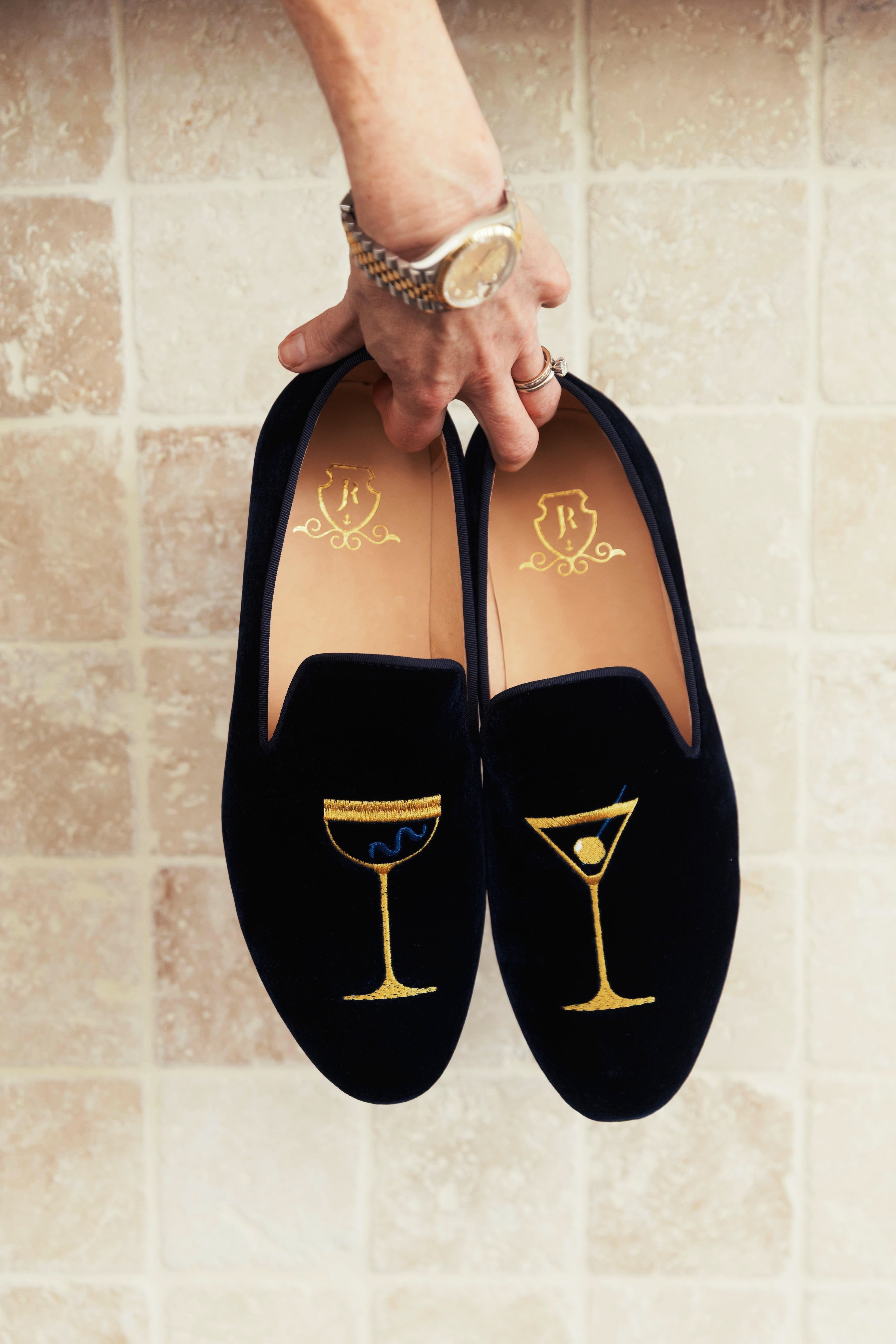 Embroidered Velvet Loafers Men - Custom Navy Blue Smoking 